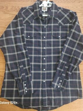 M50 Ely Cattleman Men’s Black Navy, Red & White Plaid Snap Shirt Cowboy Country